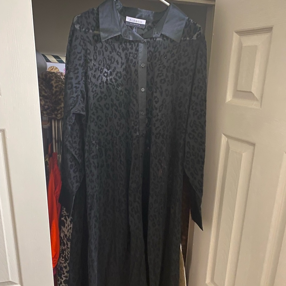 Long sheer leopard dress with satin collar and sleeve trim.